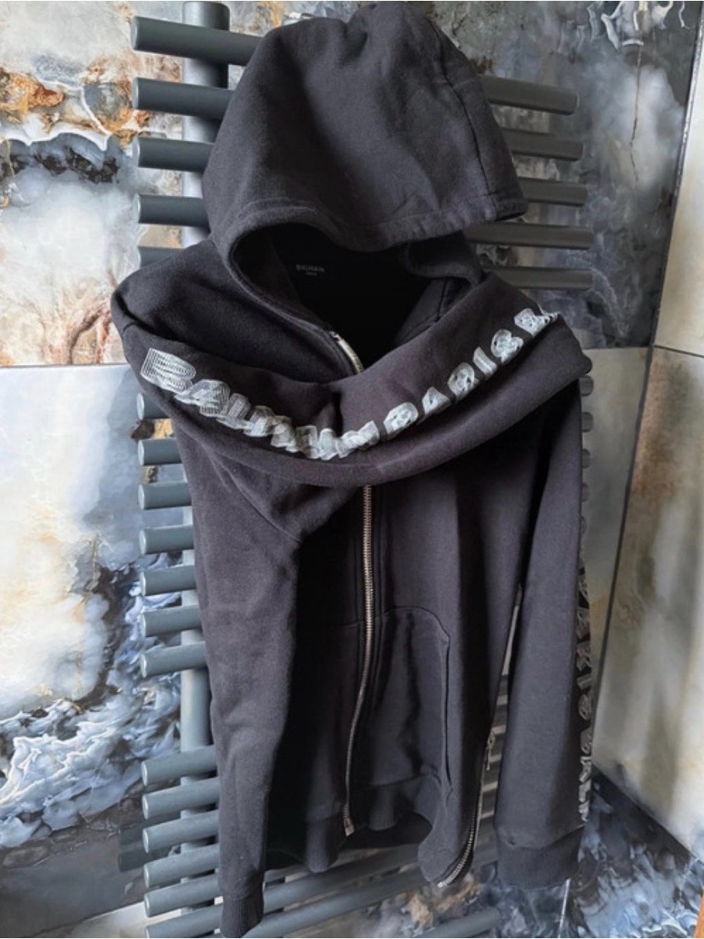 Balmain Black Hooded Zip Sweatshirt with White Logo
